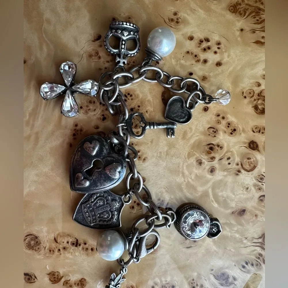 Chunky Loaded Silver Tone heart crystal lock crown pearl Charm Bracelet